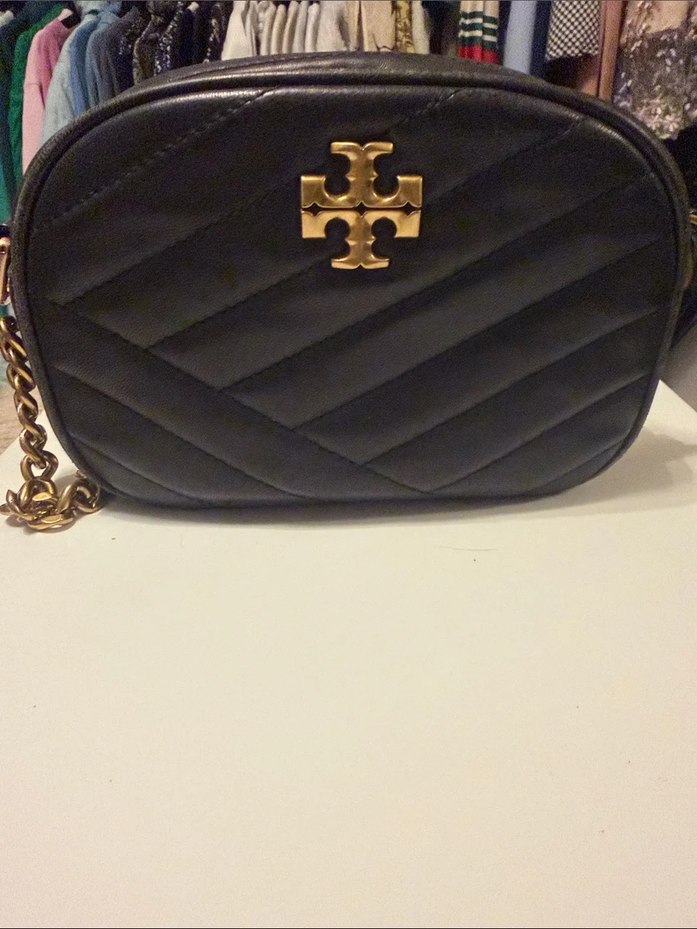 Tory Burch Kira Black Quilted Camera Bag with Gold Logo
